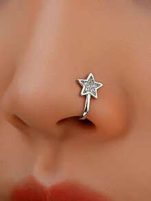 1pc Copper Inlaid Star Design Fake Nose Ring Clip For Women's Daily Wear - 銀色 - 查看 1