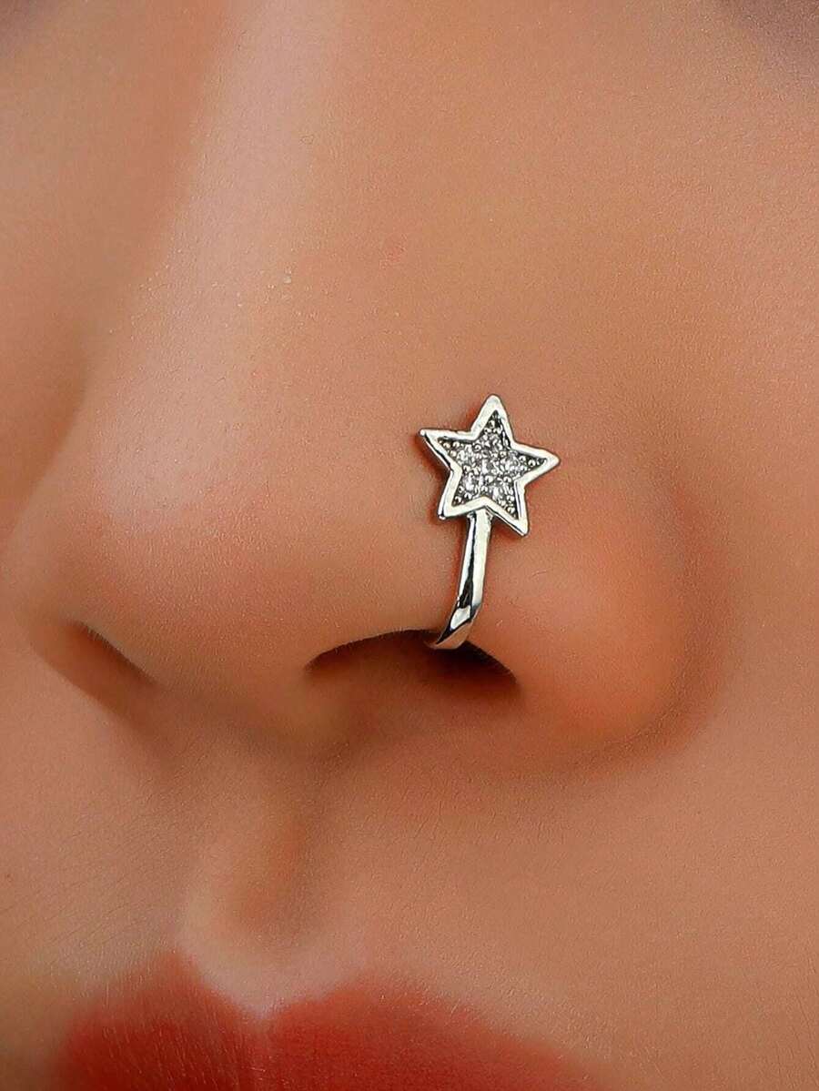 1pc Copper Inlaid Star Design Fake Nose Ring Clip For Women's Daily Wear - 銀色 - 查看 1