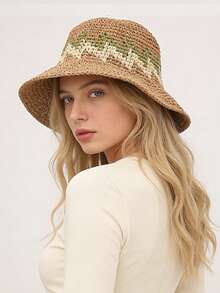 1顶女士休闲镂空草编渔夫帽，百搭夏季沙滩遮阳帽 - 彩色 - 查看 4