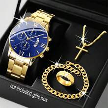 Set de 4 piezas de reloj de moda de negocios para hombres | Reloj + Anillo + Collar + Pulsera, que muestra solemnidad y creencia, regalo perfecto para el Día de Acción de Gracias, Navidad, Día del Padre para dar a familiares y amigos - 4 piezas - Ver 15
