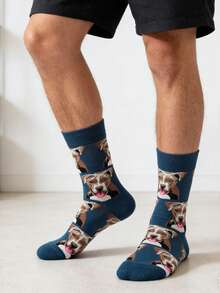 1 双男士藏蓝色底比特犬图案中筒袜，四季皆宜 - 彩色 - 查看 6