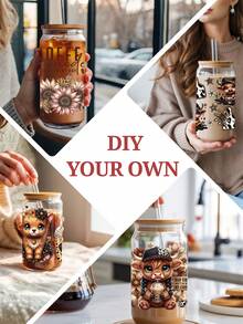 4pcs/Set 16oz Glass Cup Wrap UV DTF Transfer Sticker (9.4x4.3in) No Heat Needed, Aesthetic Coffee Love Language Brown Heart Graphic, Western Highland Cow Sunflower Leopard Print Ice Coffee Addict Decal, Waterproof Rub On Sticker For Libbey Can Tumbler DIY Gift - 2Coffee 02 - View 8