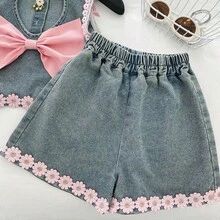 Girl's Summer Denim Set Backless Bow Flower Sleeveless Top + Denim Shorts 2Pcs - Medium Wash - View 5