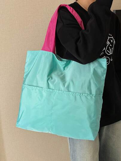 Minimalist Fashion Patchwork Large Capacity Travel Shopping Bag, Foldable Tote Shoulder Handbag For Women