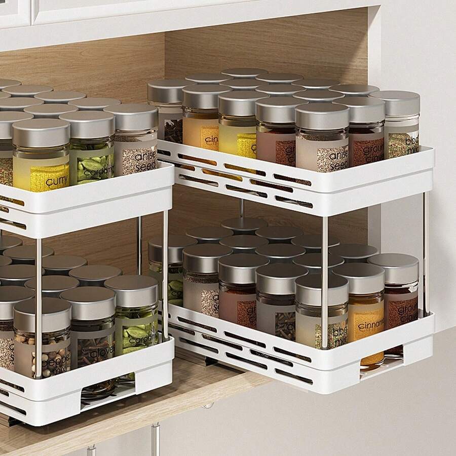1pc/2pcs 2 Tier Multifunctional Plastic Storage Rack, Large Capacity Double Layer Cabinet Storage Organizer, Drawer Type Storage Shelves For Seasoning Bottle & Spice Jar, Pull Out Under Sink Organizer, Suitable For Cabinet, Kitchen