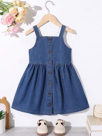 女童牛仔纽扣背带裙，无袖休闲牛仔连体裤裙