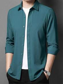 Men's Long Sleeve Button Down Dress Shirt In Microfiber Fabric, Silm Fit - Dark Green - View 2