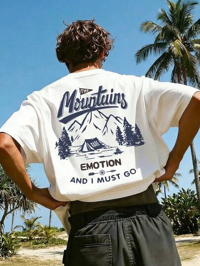 Men's Summer Slogan & Mountain Print Round Neck Short Sleeve Casual T-Shirt