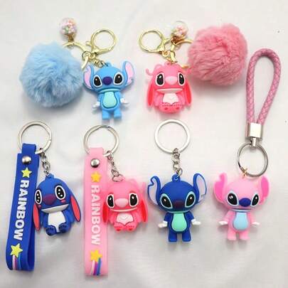 Disney 迪士尼3件套星际宝贝硅胶钥匙扣套装 - 可爱卡通钥匙扣，配有彩虹腕带、毛绒球和铃铛，适用于背包、钥匙、汽车装饰和收藏礼品