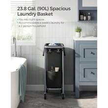SONGMICS - Cesta de lavandería con ruedas cesta de lavandería enrollable 23.8 galones 90 l forro extraíble marco de acero con asa 24 x 11.4 x 31.9 pulgadas tinta negra URLS003B01 - Tinta negra - Ver 3