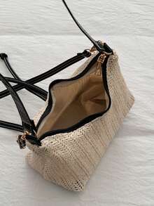 1pc Summer Beach Woven Shoulder Tote Bag, Straw Handbag For Women With Dual Shoulder Straps - Black - View 8