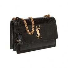Saint Laurent YSL Sunset Bag, Gold Logo, Crocodile Embossed, Shiny Leather, Chain Crossbody/Shoulder Bag, Medium Size, Women's, Black - 442906-DND0J-1000 - 查看 3