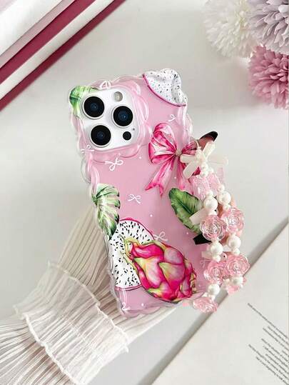 蝴蝶与火龙果彩绘编织波浪边简约优雅TPU彩绘防震手机壳，配串珠手链配件，兼容 17 Pro/17 Air/17/17 Pro Max、16/11/16 Pro/16 Plus/16 Pro Max/16 e/15 Pro Max/13/14/12/XS/XR/7G/8 Plus/XR/7/8、15 Pro Max、13、14、11、P12、X、12/14