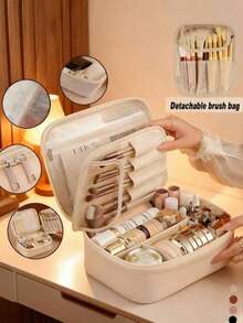 1pc Multi-Functional Travel Makeup Bag, Makeup Brush Organizer, Multi-Layer Compartment Cosmetic Bag, Large Capacity Makeup Storage Bag, Bathroom Toiletry Bag, Convenient Travel Handbag, For Skincare, Cosmetics, Makeup Brushes, Powder, Lipstick, Suitable For Beach, School, Bathroom, Festivals, Valentine's Day, Christmas, Great Gift For Family And Friends - White - View 7