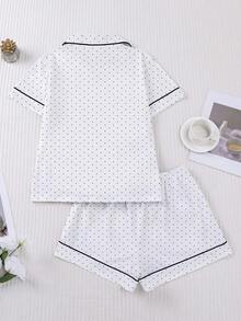 2 pièces/Ensemble Pyjama pour femmes, Imprimé à pois, Vêtements de détente pour femmes, Tenue de vacances printemps/été, Ensemble Top à manches courtes et short - Blanc - Voir 2