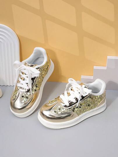 Children's Sports Shoes, Toddler Shoes, New Spring/Autumn Casual Lace-Up Solid Color Girls' Canvas Shoes, Thick Sole Running Shoes, School Student Shoes
