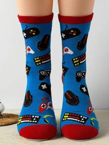 A Pair Of Men's Novelty Socks - Soft, Comfortable, Fun Gamer Design With Red Toe And Heel- Great Gift - Blue - View 2