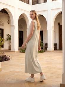 Casual Sleeveless Crew Neck Apricot Colored Mini Dress Eid Spring - Apricot - View 3