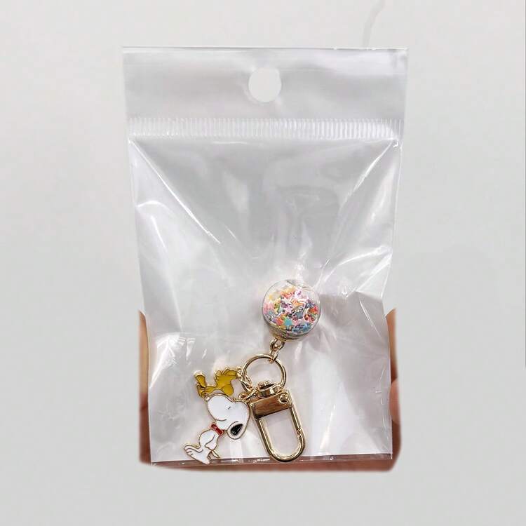 1pc Cute Snoopy & Woodstock Glitter Ball Keychain, Cartoon Enamel Alloy Bag Charm, Student Couple Bag Accessory,Keychain - Multicolor - View 7