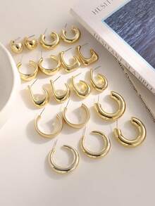 Set de 6-18 piezas de pendientes de moda retro con elementos geométricos y en forma de lágrima, de material CCB ligero, adecuado para uso diario de mujeres - Dorado - Ver 5