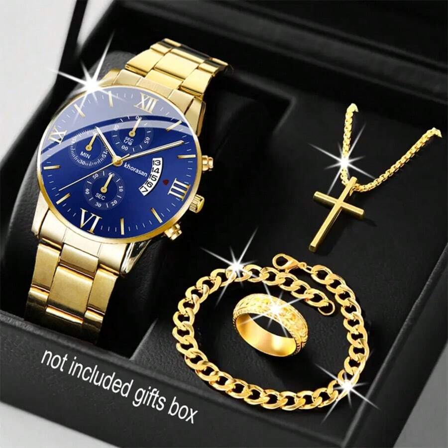 Set de 4 piezas de reloj de moda de negocios para hombres | Reloj + Anillo + Collar + Pulsera, que muestra solemnidad y creencia, regalo perfecto para el Día de Acción de Gracias, Navidad, Día del Padre para dar a familiares y amigos - 4 piezas - Ver 1