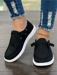 Women's Breathable Linen Slip-On Shoes - Casual Comfort Flat Sneakers For Daily Wear Linen/Cotton Blend Slip-Ons - Lightweight Comfort Casual Shoes For Women Adjustable Drawstring Slip-On Sneakers - Breathable Casual Flat Shoes For Women Neutral Tone Casual Slip-On Shoes - Breathable Lightweight Daily Footwear For Women Plus Size Breathable Slip-On Sneakers - Comfort Flat Casual Shoes For All-Day Wear - 黑色 - 查看 5