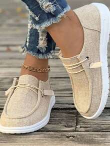 Women's Breathable Linen Slip-On Shoes - Casual Comfort Flat Sneakers For Daily Wear Linen/Cotton Blend Slip-Ons - Lightweight Comfort Casual Shoes For Women Adjustable Drawstring Slip-On Sneakers - Breathable Casual Flat Shoes For Women Neutral Tone Casual Slip-On Shoes - Breathable Lightweight Daily Footwear For Women Plus Size Breathable Slip-On Sneakers - Comfort Flat Casual Shoes For All-Day Wear - Beige - View 6