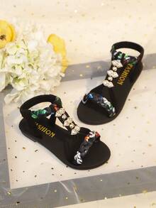 1 Pair Black Girls' Flat Sandals, Colorful Soft Woven Strap Criss-Cross Design With Shiny Bead Decor, Round Toe Slip-On Soft Non-Slip Sole, Fashionable Cute Bohemian Style Beach Sandals, Suitable For Casual, Beach, School, Party Wear, Spring/Summer - Black - View 5