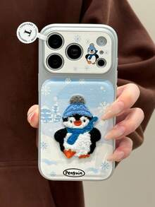 1 件可爱冬季雪花刺绣企鹅设计，适用于 Apple 14-17 Pro Max - 藍色 - 查看 2