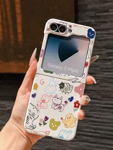 1pc Fashionable And Simple Skin Feel PC Material Cute And Simple Lines Animal Elements Folding Phone Case, Can Protect And Prevent Falling For: SamsungGalaxy Zflip 3/Zflip 4/Zflip 5/Zflip 6/Zflip 7/ Find N3 Flip/ Razr 50 Ultra/ Razr 60 Ultra/ Razr 60/ Razr 50/XiaomiMIX Flip/Galaxy Z Flip7 FE - White - View 7