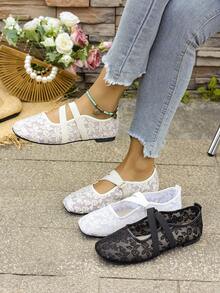 3D玫瑰蕾丝网面平底鞋，时尚舒适透气玛丽珍芭蕾舞鞋，柔软优雅的乐福鞋，配珍珠弹力带 - 白色 - 查看 9