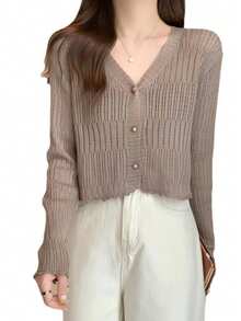 1pc Black, White, Beige, Green Lightweight V-Neck Knit Cardigan With Frill Trim, Long Sleeve Shawl - Multicolor - View 6