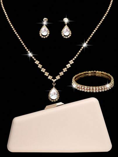 Bộ trang sức đính đá lấp lánh gồm dây chuyền, bông tai, vòng tay kèm túi xách cầm tay hình chữ T màu mơ sang trọng, thích hợp cho tiệc tùng, đám cưới lãng mạn, mùa xuân/hè, túi đeo vai có dây xích, túi cô dâu, túi dự tiệc trang trọng, túi dự tiệc dạ hội thanh lịch, hoàn hảo cho tiệc cưới, dạ hội, tiệc tối/tiệc chiêu đãi, phối cùng váy dự tiệc ngày lễ và váy dạ hội.