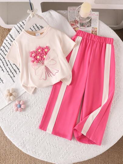 2pcs Young Girls Casual Outdoor Apricot Floral T-Shirt + Magenta Pants Set, Lightweight Spring/Summer Style