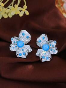 一对几何花朵造型蓝绿松石和立方氧化锆密镶大耳环，适合订婚派对佩戴，女士奢华珠宝 - 綠松石色 - 查看 6