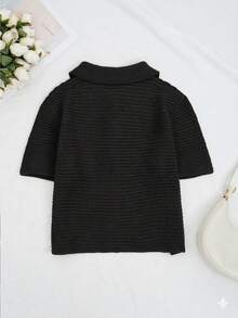 Áo cardigan dệt kim tay ngắn cài cúc phía trước dành cho nữ, áo kiểu dáng ôm vừa vặn, cổ bẻ, phong cách thường ngày. - màu đen - Xem 5