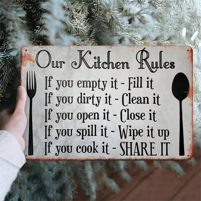 Vintage-Style Metal Tin "Kitchen Rules" Sign - Rustic Wall Decoration Featuring Humorous Cooking And Cleaning Guidelines - Perfect For Home, Bar, Bathroom, Or Outdoor Spaces, Ideal For Kitchen Decor, 2D, And Room Decoration