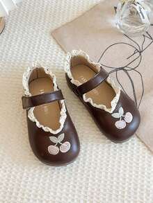 1双女童甜美樱桃刺绣玛丽珍鞋，春秋季蕾丝边软底公主鞋，儿童魔术贴小皮鞋 - 棕色 - 查看 1