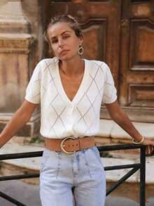 Solid Color Knit Fabric Hollow Out Ribbed Front Button Sweater Top, Loose Casual Elegant For Daily Wear, Spring/Summer White - White - View 2