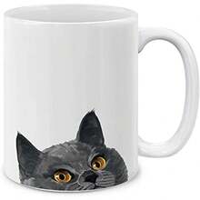 11盎司橙色虎斑猫陶瓷咖啡杯/茶杯，双面印花陶瓷杯，可重复使用，微波炉和洗碗机适用，生日/母亲节礼物 - 藍灰色英國短毛貓 - 查看 10