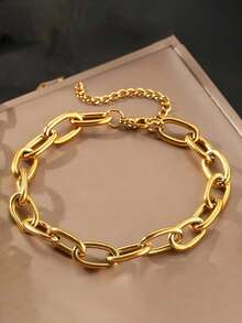 RAYQUEEN 2pcs/Set Stainless Steel 18K Gold Plated Thick Chain Necklace + Bracelet Set, Layered Wear, Hypoallergenic High Quality Durable Minimalist Non-Fading Jewelry Set For Women - Set - View 8