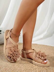Sandal đế dày, hở mũi, quai chéo, kiểu Bohemian, họa tiết hoa, thích hợp cho nữ đi biển hoặc du lịch. - Màu Khaki - Xem 4