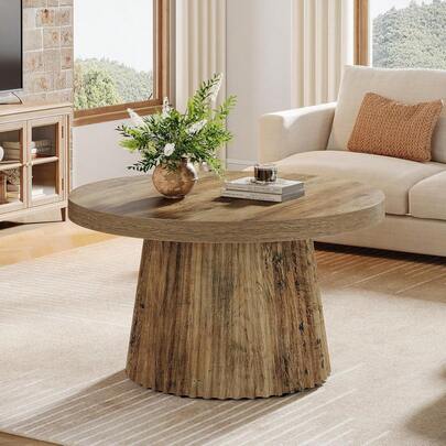 LITTLE TREE 80cm Round Coffee Table, Small Farmhouse Center Table With Fluted Drum Base, Mid Century Modern Accent Table For Living Room, Apartment & Small Space
