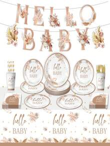 Set de vaisselle bohème réutilisable avec herbe de pampa et fleurs pour 25 invités, 125 pièces Assiettes, serviettes, gobelets "Hello Baby" pour décoration de baby shower - Multicolore - Voir 2