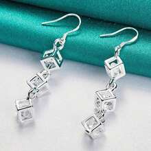 925 Sterling Silver Plated Earrings Fashion Jewelry Elegant Woman Crystal Lattice Drop Long Earrings Fashion Leader Christmas Gifts - 銀色 - 查看 1