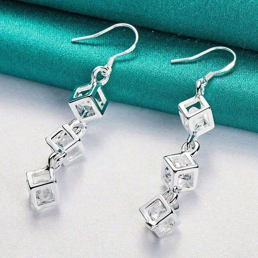 925 Sterling Silver Plated Earrings Fashion Jewelry Elegant Woman Crystal Lattice Drop Long Earrings Fashion Leader Christmas Gifts - 銀色 - 查看 1
