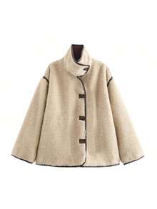 女士常规版型夹克，前襟纽扣设计，立领，优雅百搭，适合通勤和休闲穿着，秋冬季款 - 杏色 - 查看 6