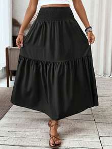 Women's Long Ditsy Floral Skirt, Casual Elastic Waist With Pockets, Ruffle Hem, A-Line Skirt Summer Vacation Spring - 黑色 - 查看 6