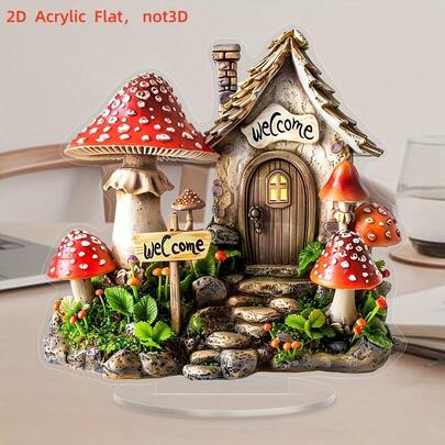 2D Flat Fantasy Mushroom House Decor - Countryside Fairy Tale Style Red & White Mushroom Home Decor, Acrylic Material, Suitable For Birthday Party Decoration, No Power Source Required, Easy Hanging Installation, Interesting Design, Exquisite Details, Welcome Sign, Party Arrangement, 2D Flat Art