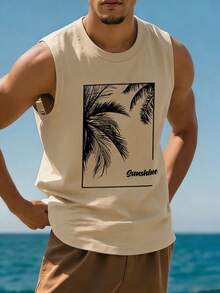 1 chiếc áo tank top nam mùa hè in họa tiết cổ tròn kiểu dáng thường ngày - Màu be - Xem 1